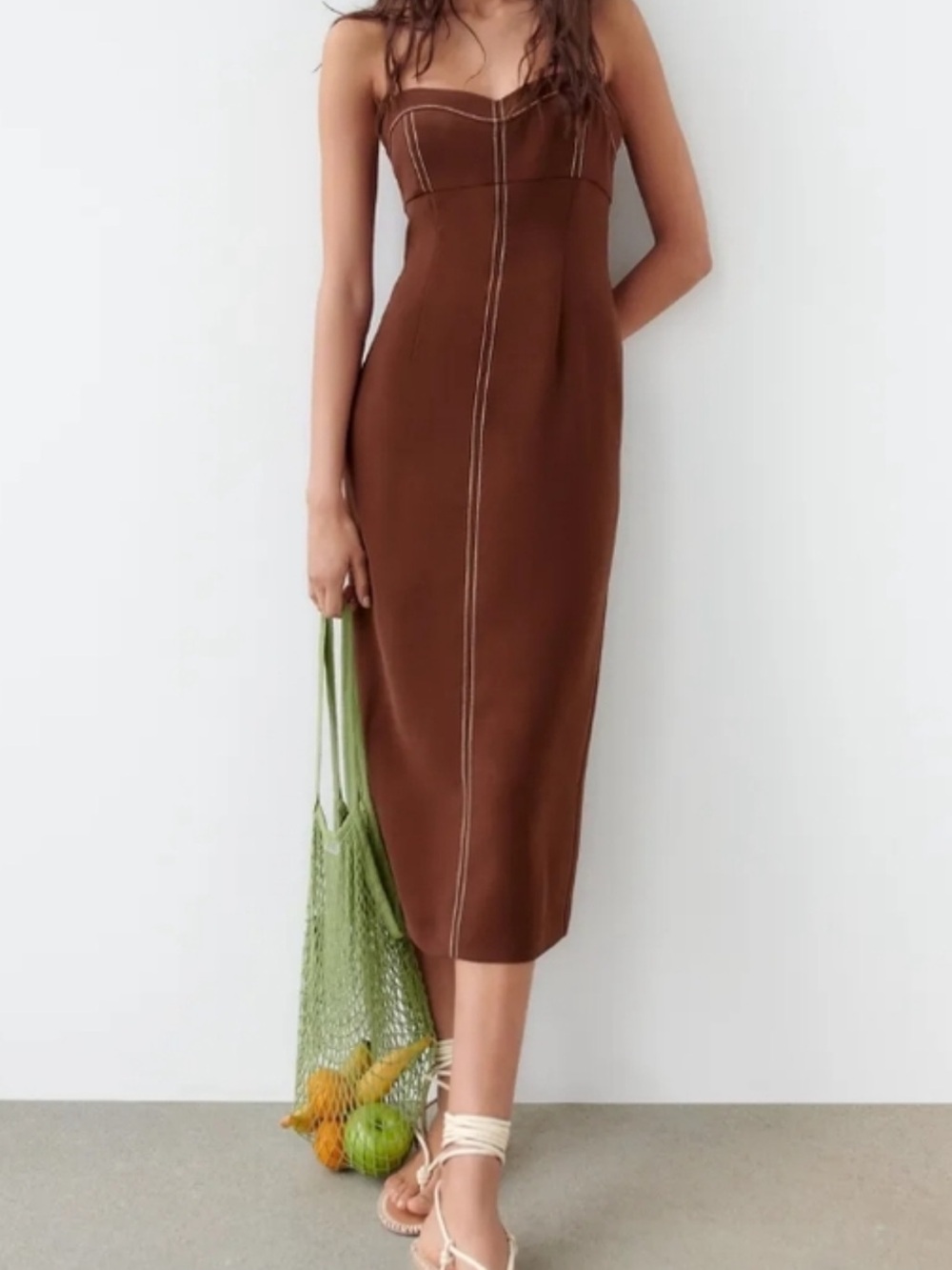Zara Brown Strapless Midi Dress with Contrast Seams